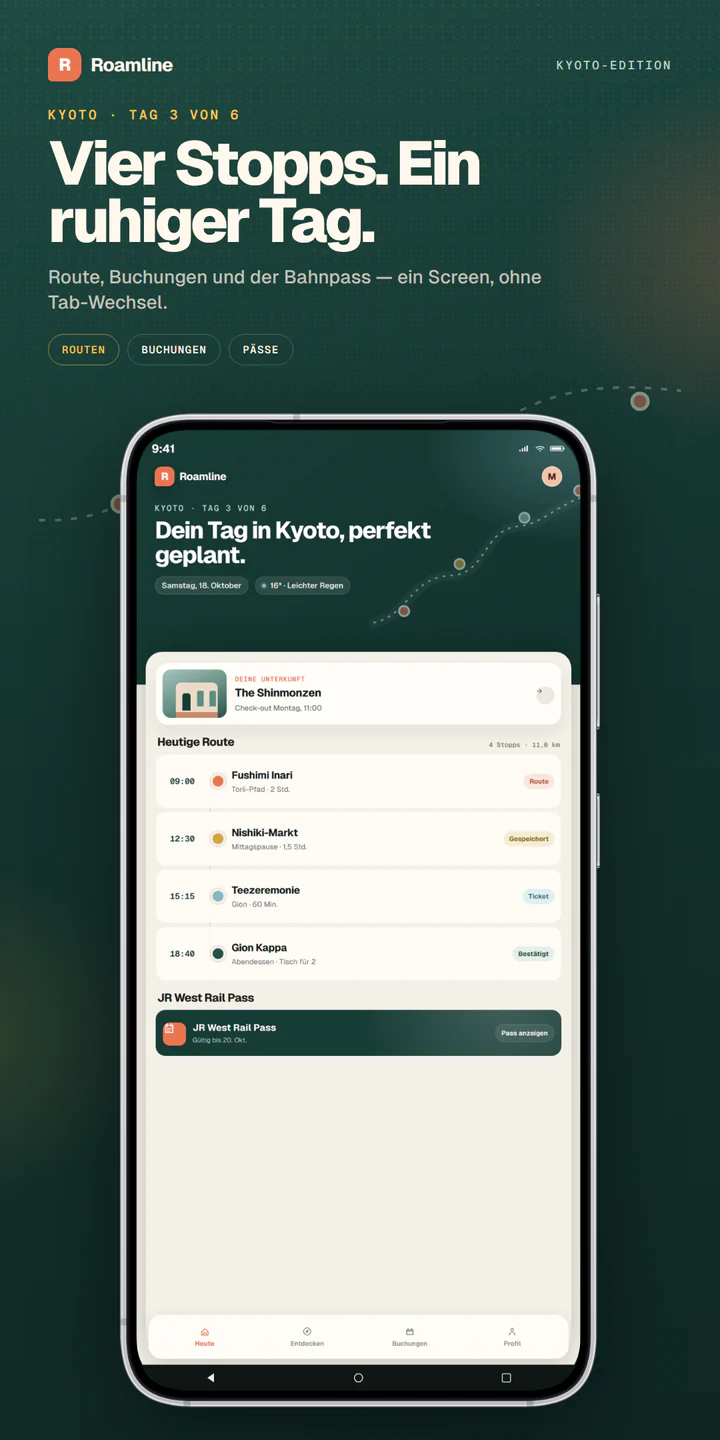 Roamline-Store-Screenshot für Android-Smartphone, 1080×2160, mit Headline, tannengrüner Fläche und einem echten Galaxy