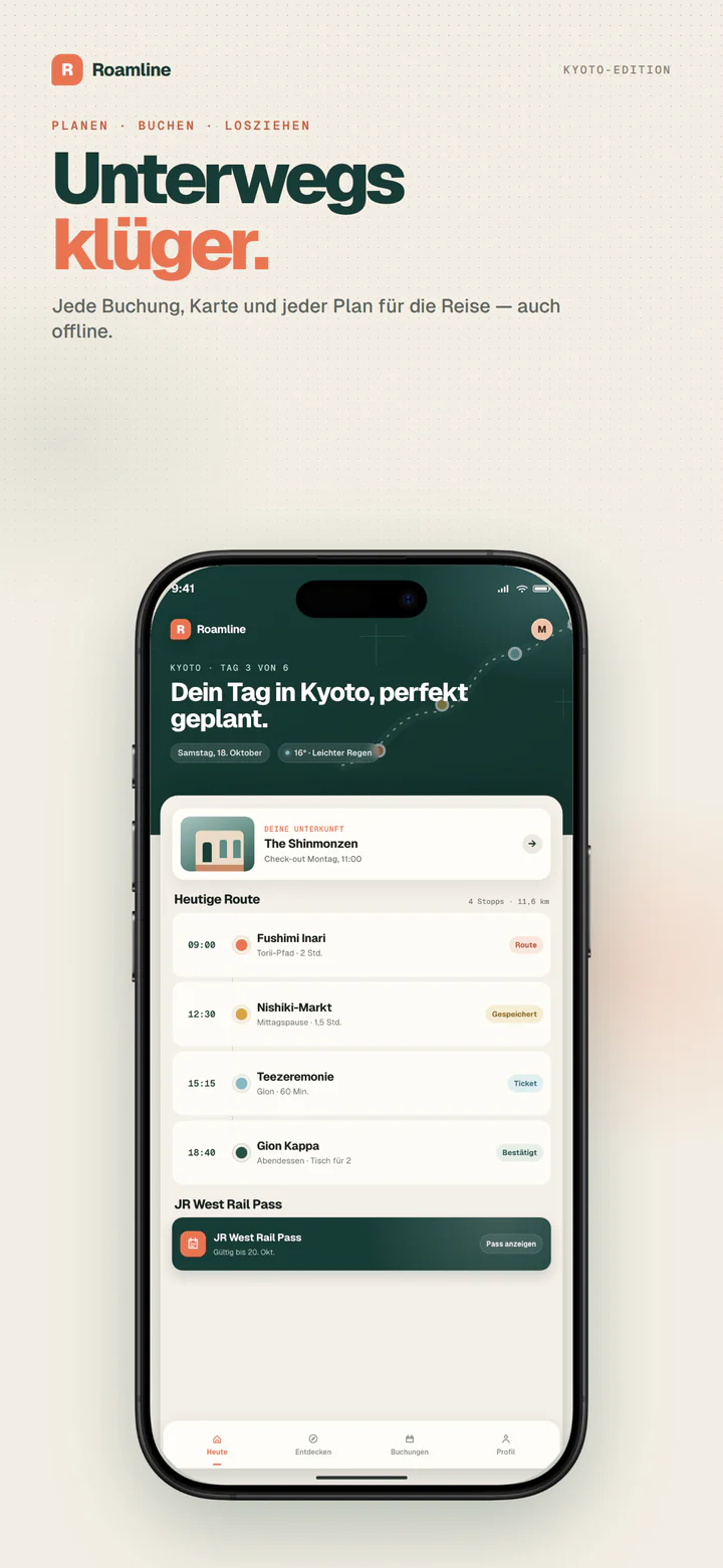 Roamline-Store-Screenshot für iPhone 6,9 Zoll, 1290×2796, mit Headline, cremefarbener Fläche und einem echten iPhone