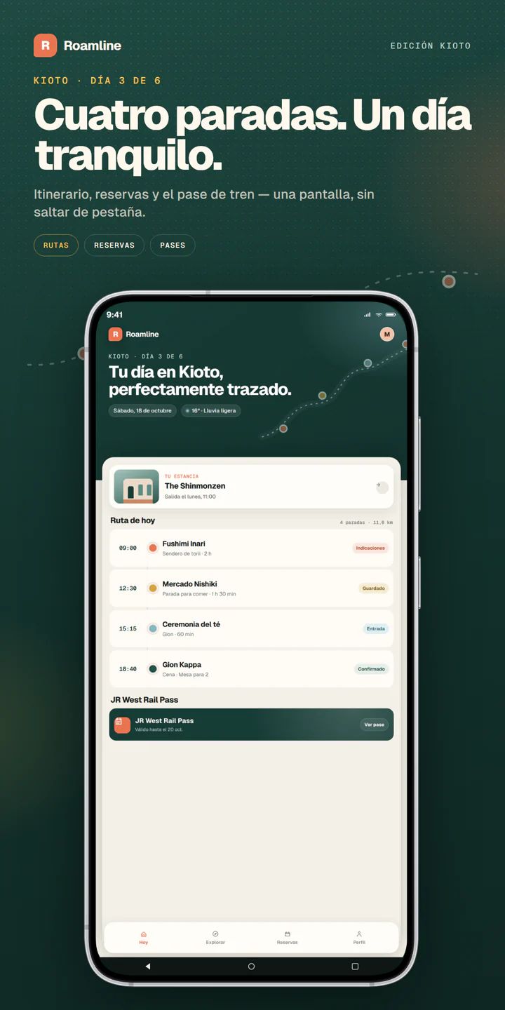 Captura de tienda Roamline para teléfono Android, 1080×2160, con titular, lienzo pino y un Galaxy real