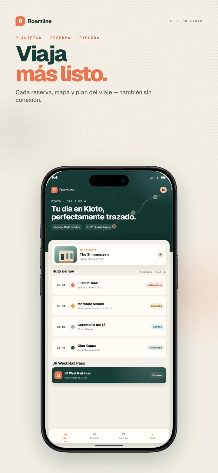 Captura de tienda Roamline para iPhone de 6,9 pulgadas, 1290×2796, con titular, lienzo crema y un iPhone real