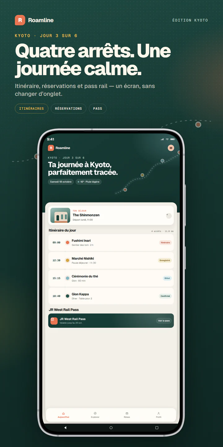 Capture de store Roamline pour téléphone Android, 1080×2160, avec titre, toile pin et véritable Galaxy