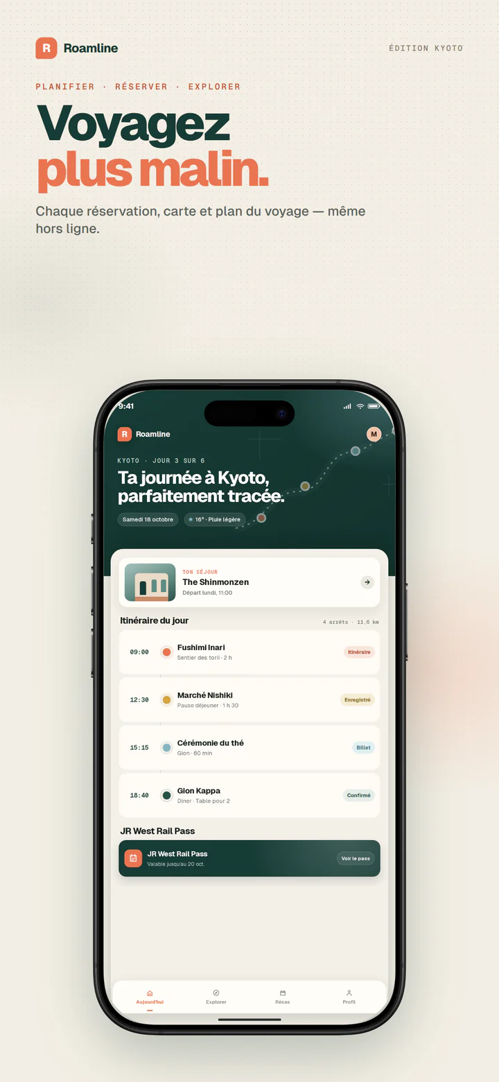 Capture de store Roamline pour iPhone 6,9 pouces, 1290×2796, avec titre, toile crème et véritable iPhone
