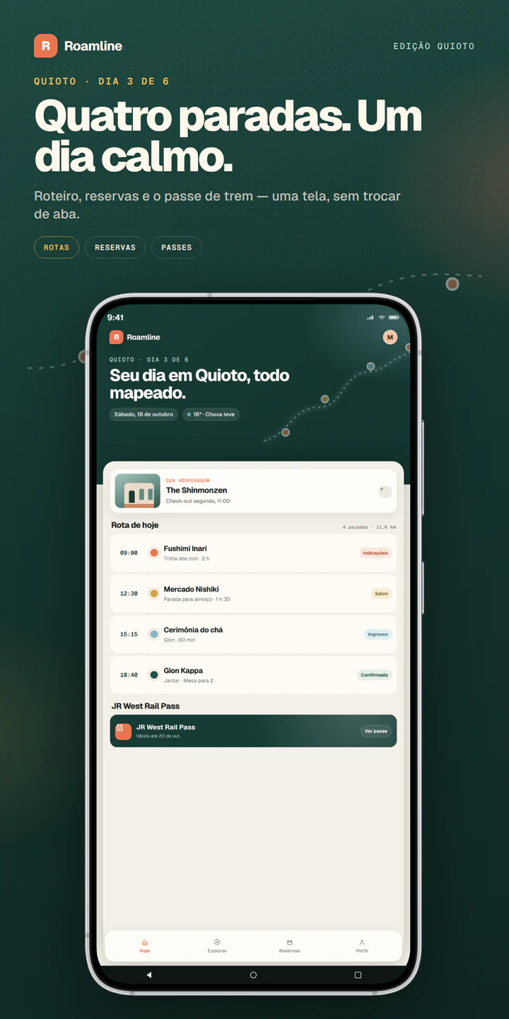 Captura de loja Roamline para celular Android, 1080×2160, com headline, tela verde-pinho e um Galaxy real