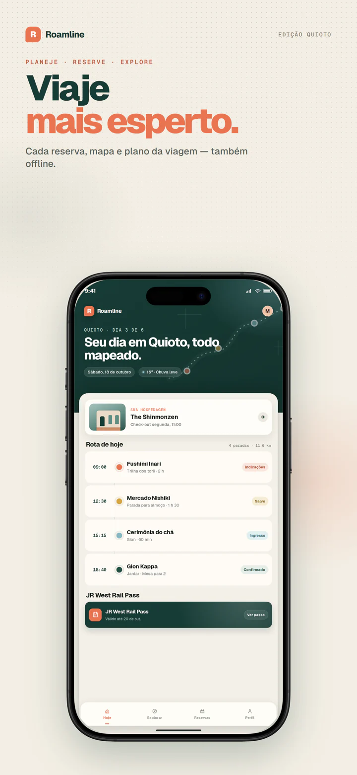 Captura de loja Roamline para iPhone de 6,9 polegadas, 1290×2796, com headline, tela creme e um iPhone real
